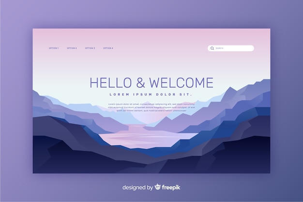 Welcome landing page with gradient landscape