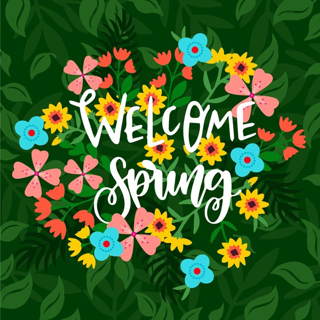 Welcome spring lettering with colorful flowers