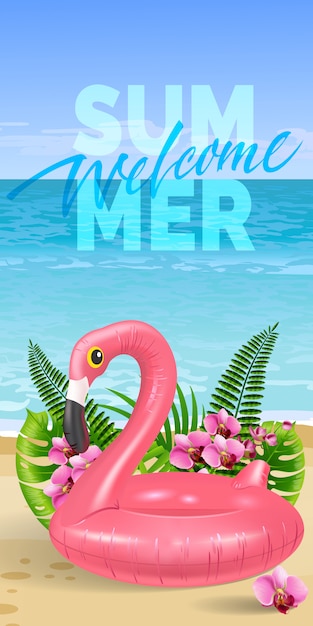 Free Vector welcome summer banner with palm leaves, pink flowers, toy flamingo, beach and ocean.