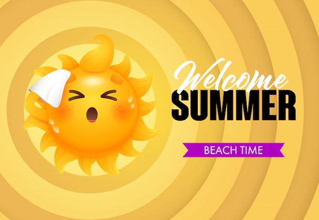 Welcome summer, beach time lettering with sun cartoon character