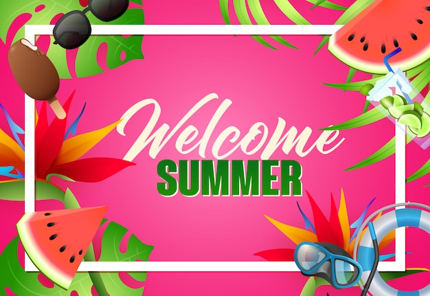 Welcome summer bright poster design. Diving mask