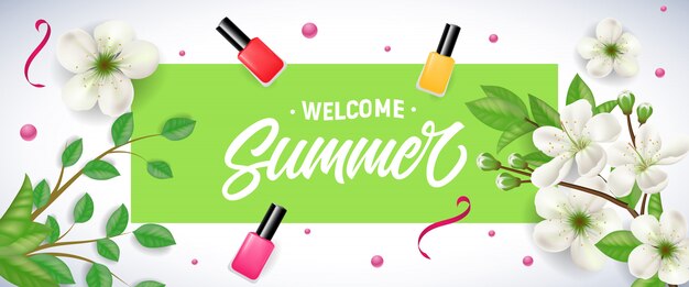 Welcome Summer in green frame with apple flower, lacquers and confetti