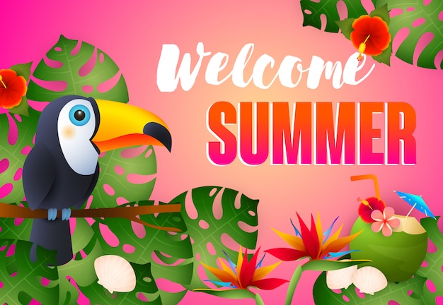 Welcome Summer lettering with exotic bird, flowers and cocktail