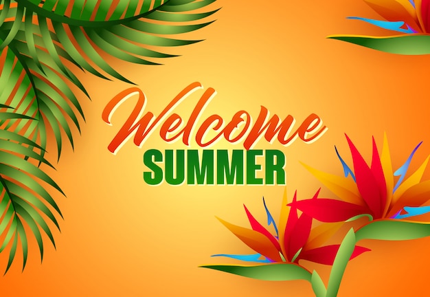 Welcome summer lettering with tropical leaves and flowers