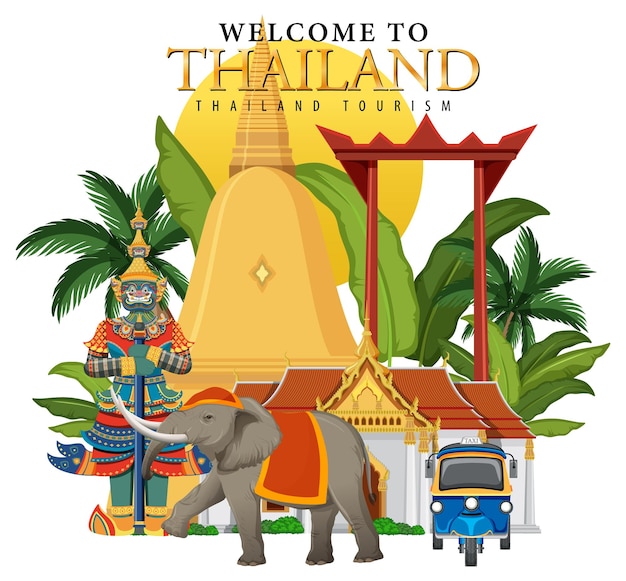 Free Vector welcome to thailand banner and landmarks