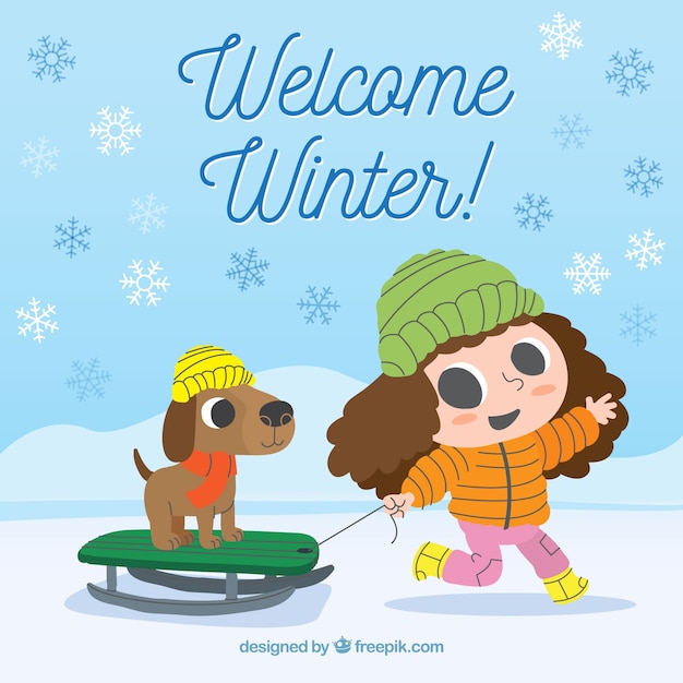 Free Vector welcome winter background with girl and her dog