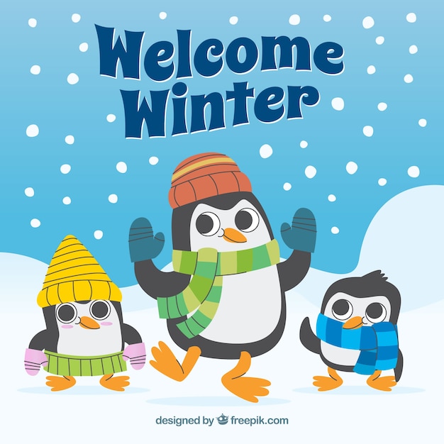 Welcome winter background with penguins