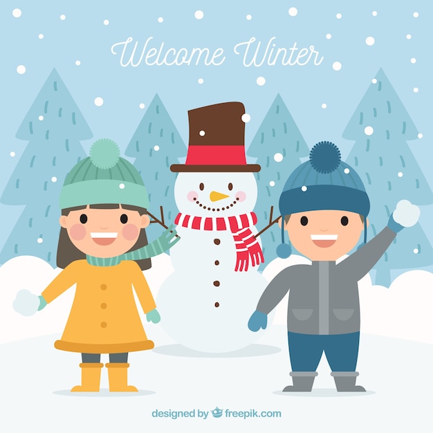 Welcome winter flat background with kids