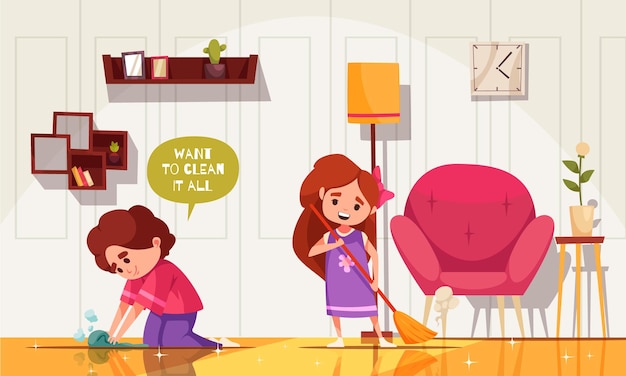 Free vector well-behaved children cartoon poster with kids washing floor vector illustration