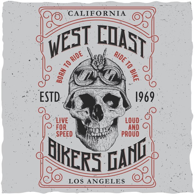 West coast bikers gang poster with t-shirt design and skull in motorcycle helmet illustration