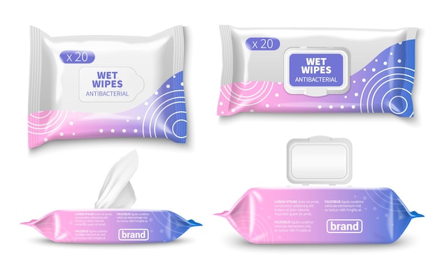 Free Vector wet wipe tissues packaging realistic mockup set with branding template isolated vector illustration