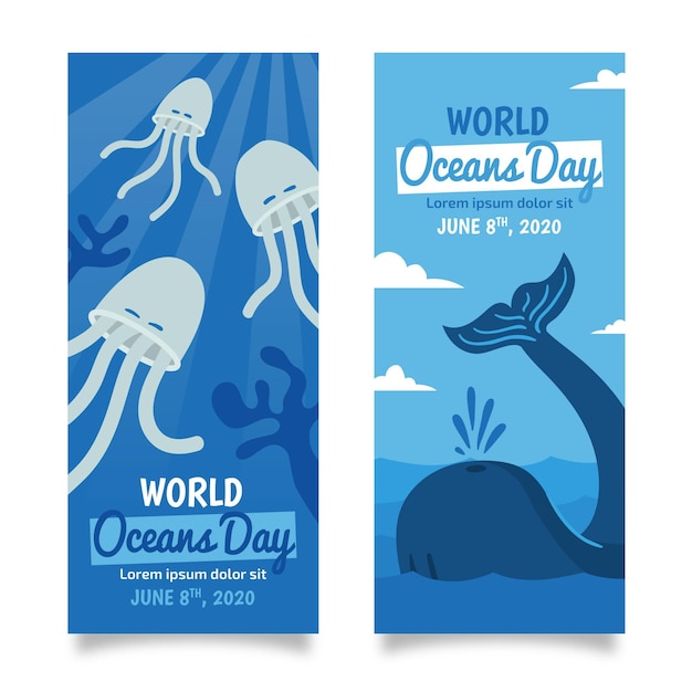 Whale and jellyfish hand drawn oceans day banner