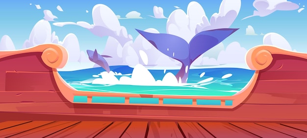 Free Vector whale tail splashing in ocean view from ship board