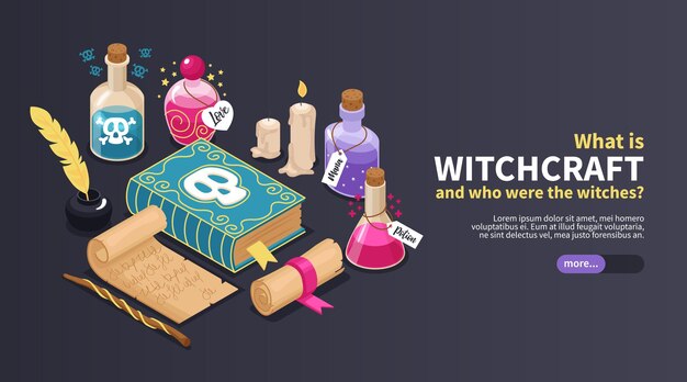 What is witchcraft horizontal banner with ancient manuscripts and glass bottles for magical potion