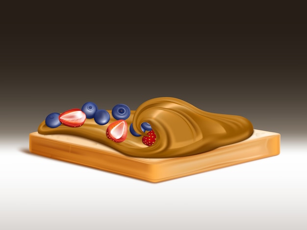 Free Vector wheat bread with peanut butter, chocolate cream or nougat spread realistic with strawberries and blueberries