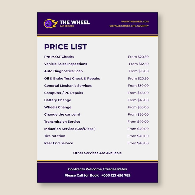 Wheel car service price list template