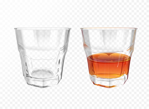 Whiskey glass 3D illustration of realistic crockery for brandy or cognac and whisky