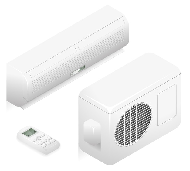 Free vector white air conditioner for climate control in office. 3d home summer air conditioning system. conditioner for ventilation air illustration