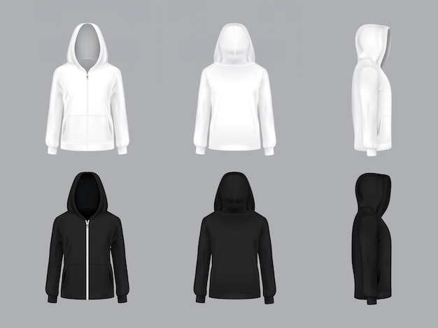 White and black hoodie with long sleeves and pockets, front, back, side view,