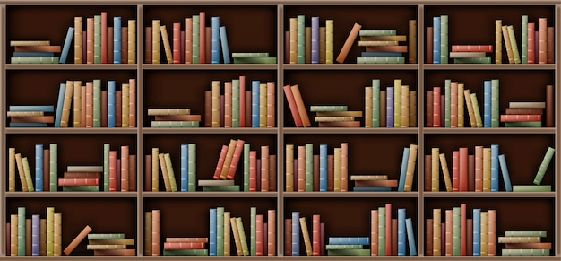 White bookshelf mockup, books on shelf in library