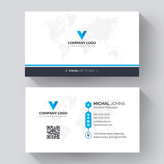 White business card with blue details