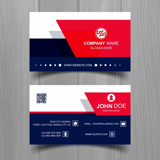 White business card with blue and red shapes