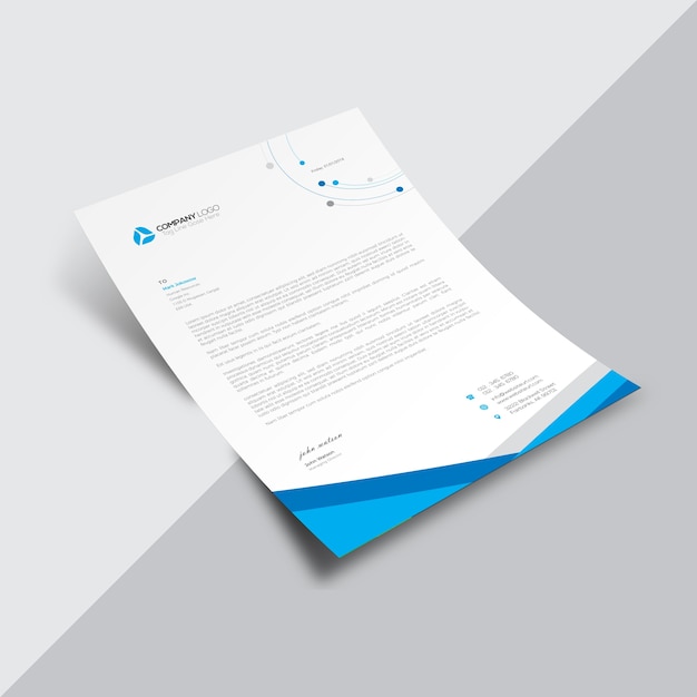 White business document with blue geometric details