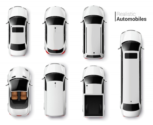 White cars top view realistic set isolated 