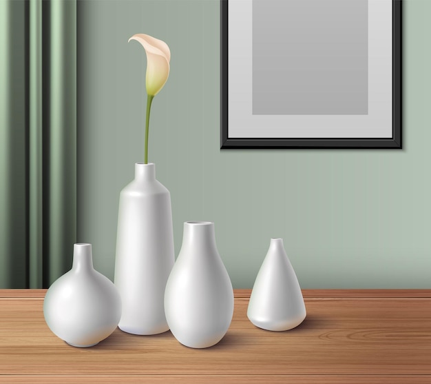 Free Vector white ceramic porcelain vases of different size and shape on wooden table realistic composition with blank photo frame vector illustration