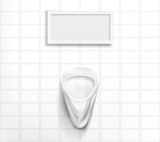 Free Vector white ceramic urinal in male toilet. realistic interior of public restroom for men with pissoir and empty frame for mirror on tiled wall. illustration of washroom, lavatory, wc