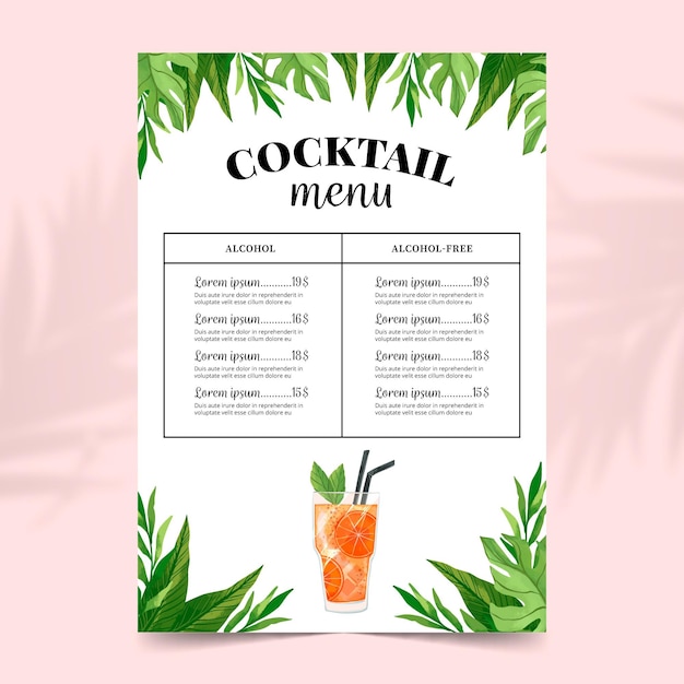 White cocktail menu with illustrations