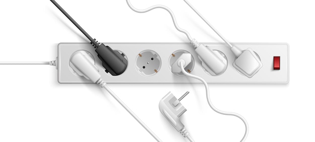 Free Vector white electric extension cord of euro standard with turn on and off switch and inserted plugs realistic vector illustration