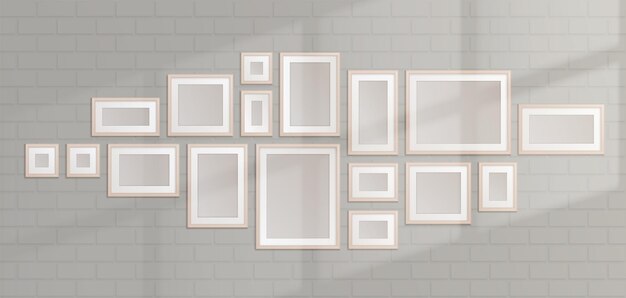 White frames collage and sunlight on brick wall