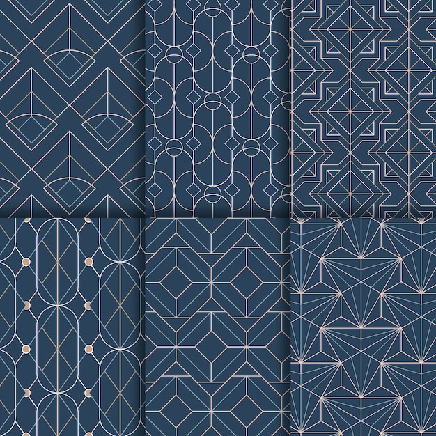 White geometric seamless patterns set on blue background