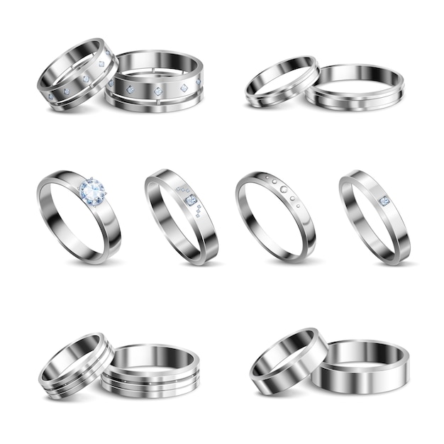 White gold platina noble metals wedding rings 6 realistic isolated sets jewelry shadow neutral background  illustration