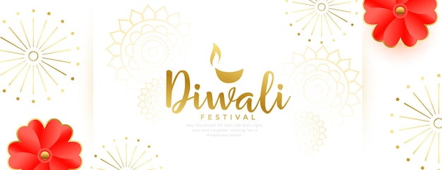 Free vector white golden happy diwali greeting white banner with floral decor