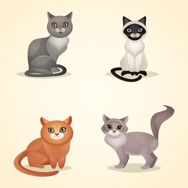 White grey and brown sitting cats set isolated vector illustration