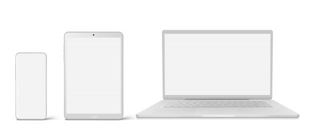 White laptop, tablet and phone with blank screen