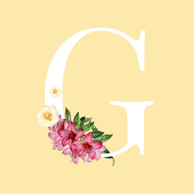 White letter G decorated with hand drawn mums flowers vector