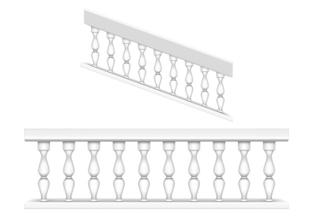 White marble balustrade for balcony, porch or garden and handrail for staircase in classic roman style. realistic set of baroque stone railing, banister with pillars, antique fence with columns