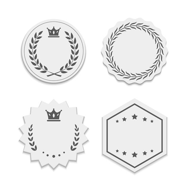 Free Vector white paper labels with wreaths and crowns. beautiful stickers with stroke, different shapes