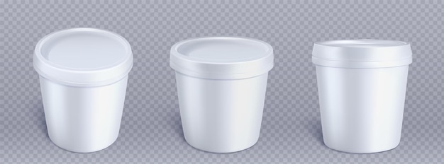 White plastic ice cream bucket container mockup 3d yogurt paper round cup vector mock up Clear realistic frozen food packing template for branding different pack view Isolated mousse tube image