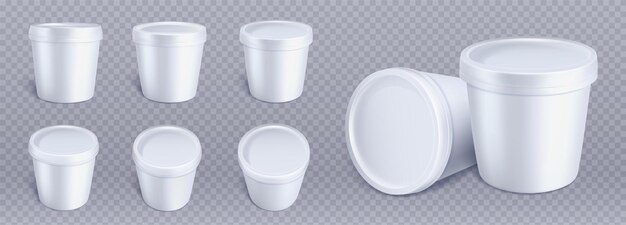 Free Vector white plastic ice cream bucket container mockup 3d yogurt paper round cup vector mock up clear realistic frozen food packing template for branding pack different view isolated mousse tube image