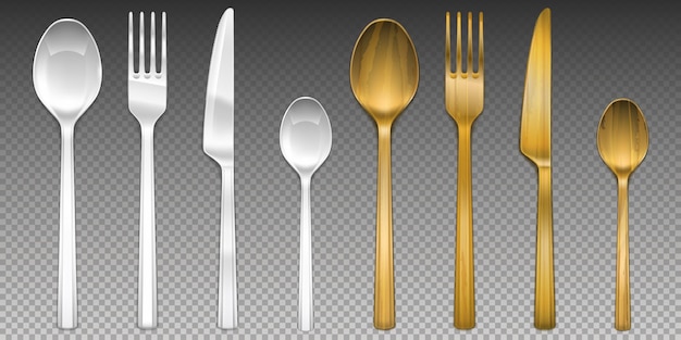 White plastic and wooden cutlery on transparent.