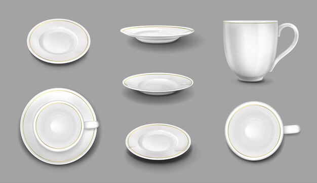 White plates and cups with gold border, realistic 3d ceramic mugs and dishes top and side view. Empty porcelain tableware, cutlery for food and drink , vector illustration, isolated icons set