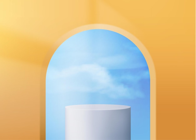 Free vector white product podium under arch window with sky