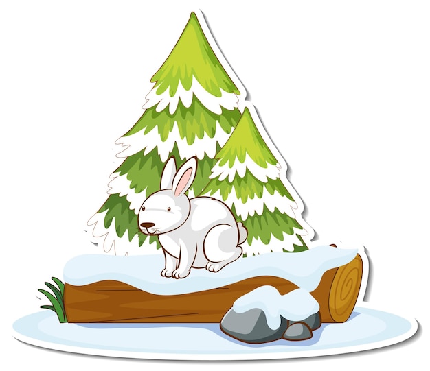 A white rabbit with pine tree covered with snow sticker