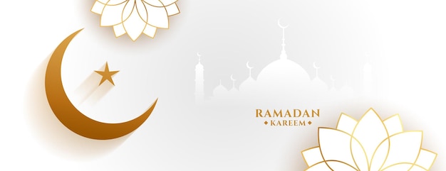 White ramadan kareem banner with flower and moon