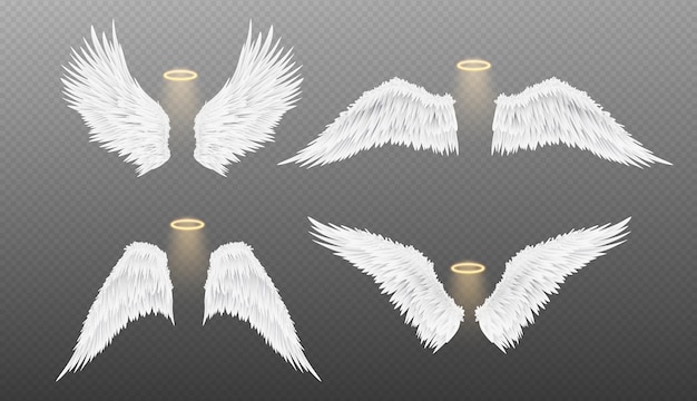 Free vector white realistic angel wings with glowing halo