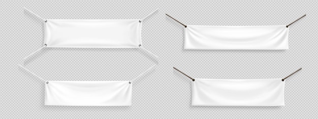 Free vector white realistic hang blank fabric horizontal canvas banner sign vector on rope for advertising 3d empty textile material poster mockup set isolated on transparent background hanging cloth signboard